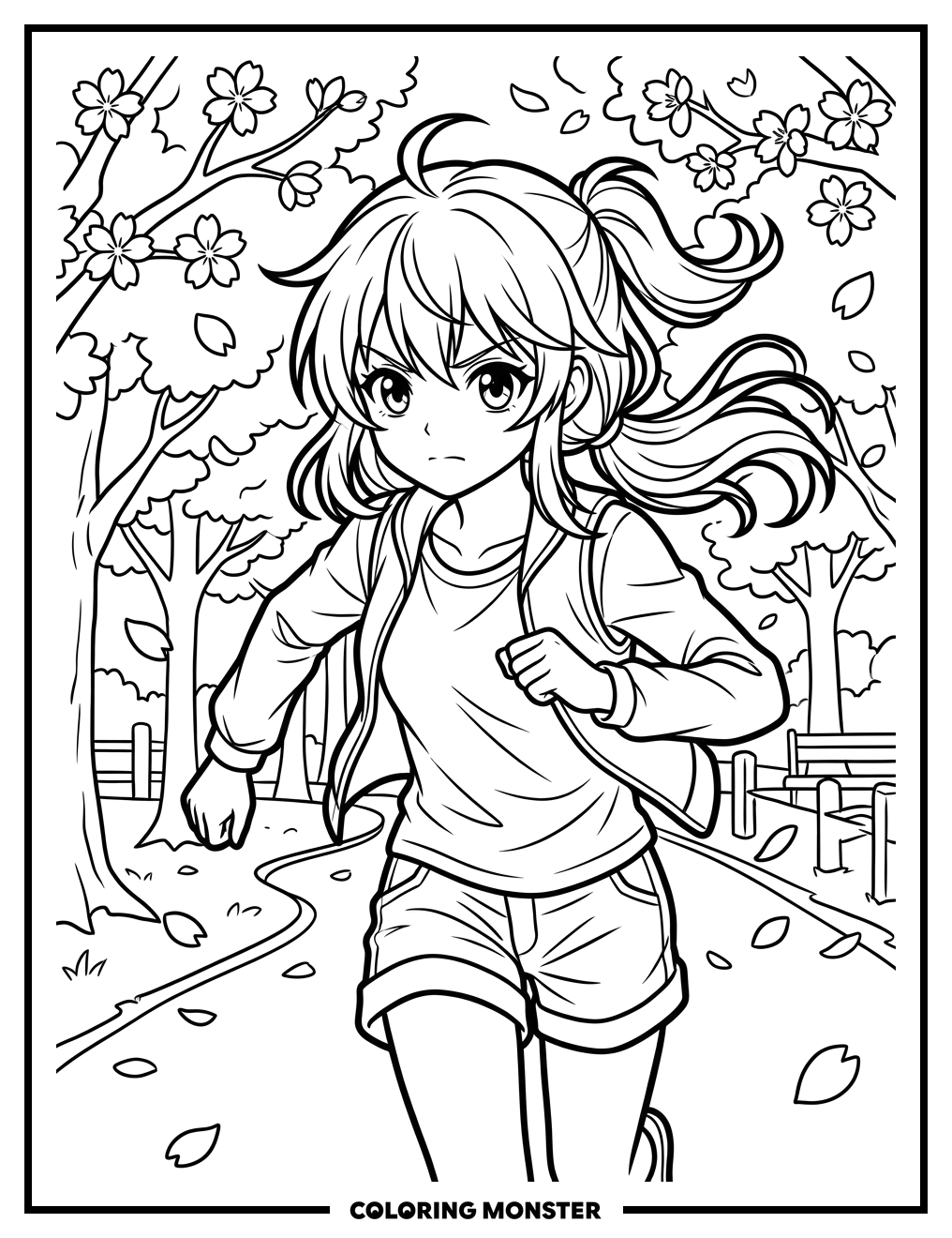 Anime Girl Running Through Cherry Blossoms Coloring Page