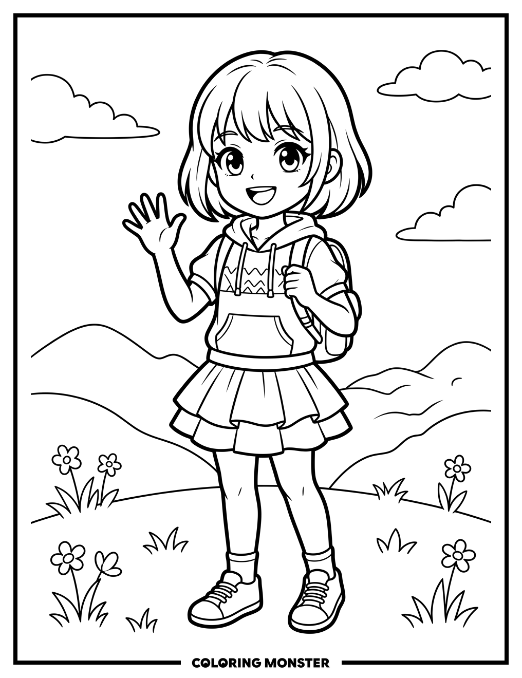 Anime Girl Waving Hello Coloring Page