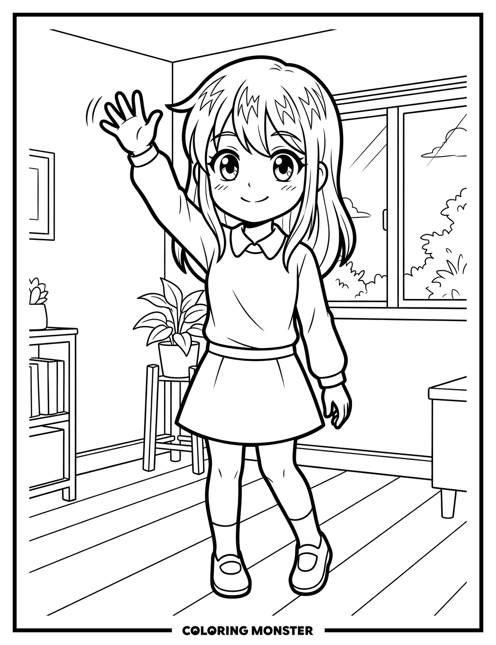 Anime Girl Waving Hello Coloring Page