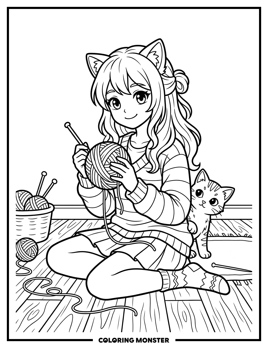 Anime Girl with Cat Ears and Kitten Coloring Page