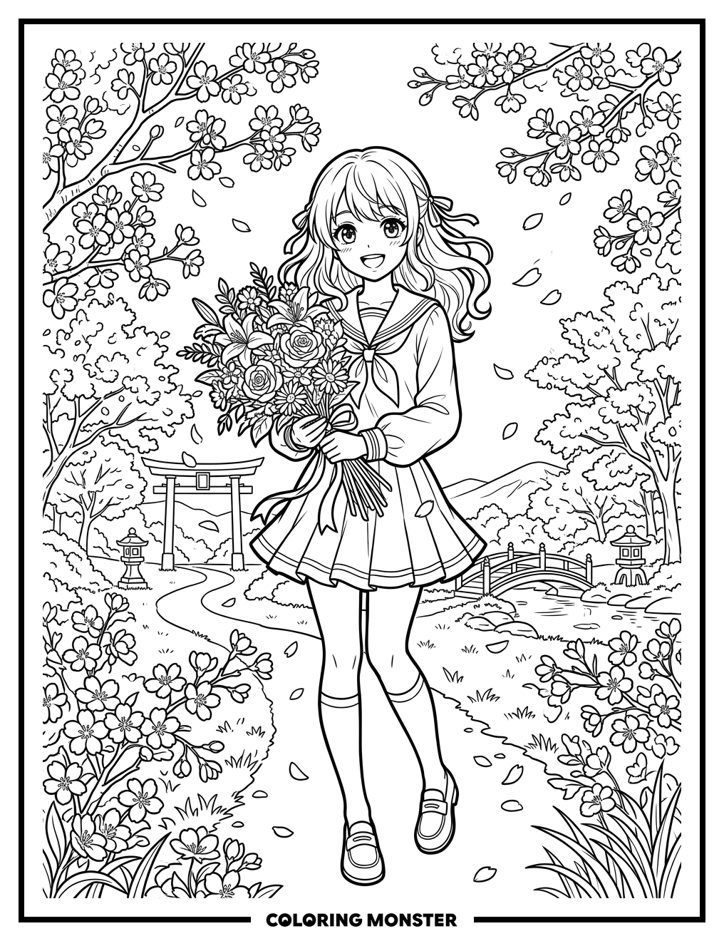 Anime Girl With Cherry Blossoms Coloring Page