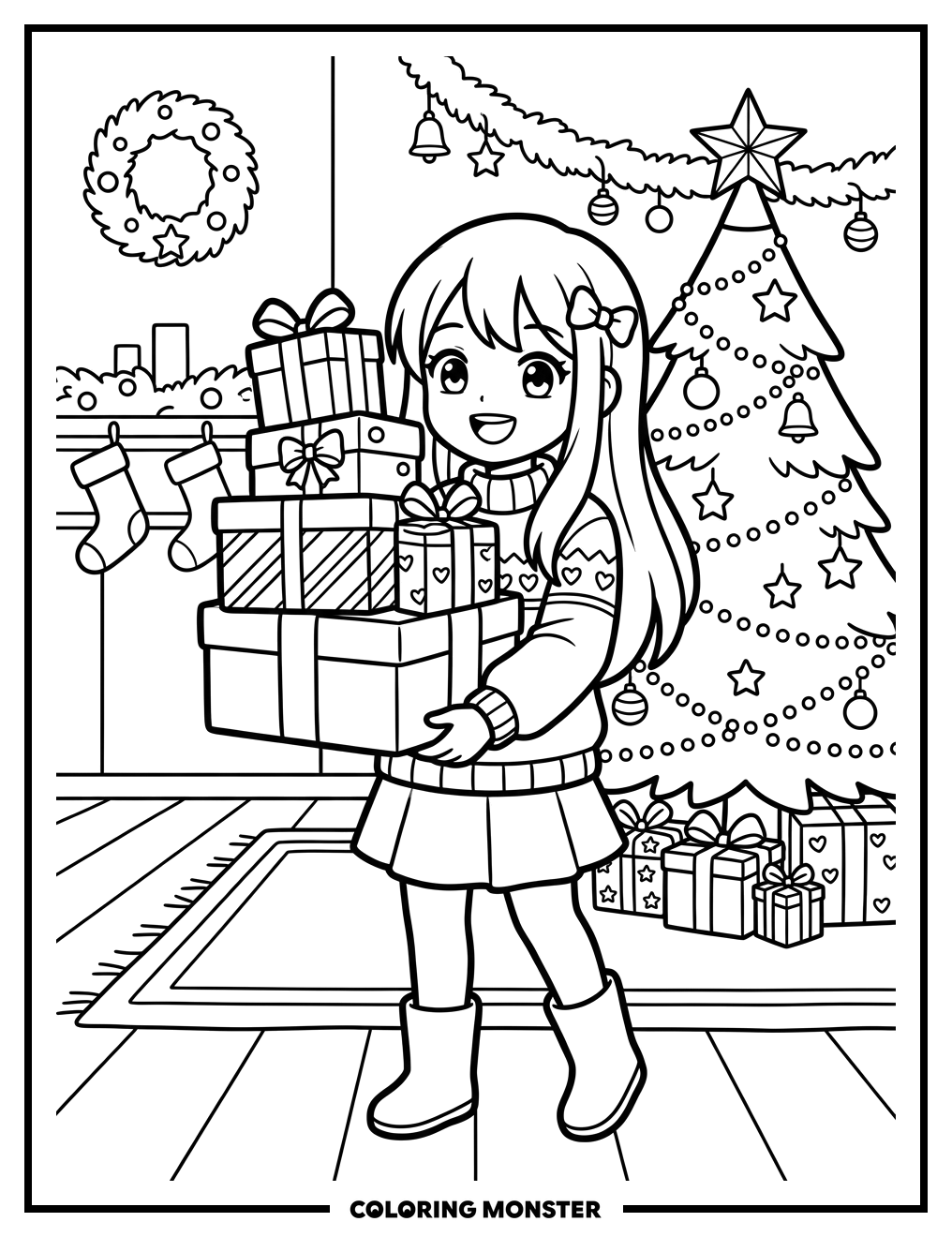 Anime Girl With Christmas Gifts Coloring Page