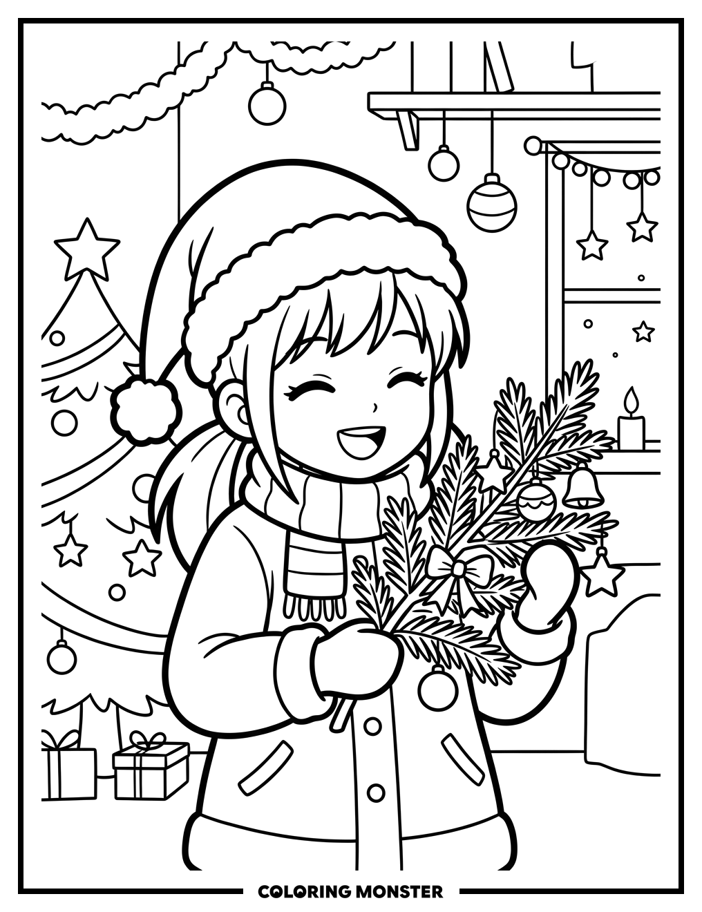 Anime Girl With Christmas Tree Branch Coloring Page