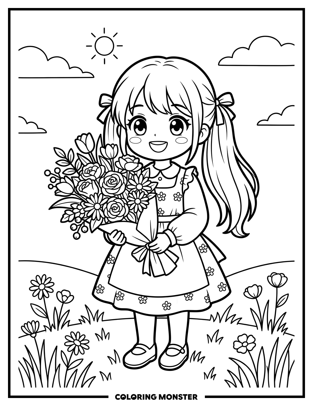 Anime Girl With Flower Bouquet Coloring Page