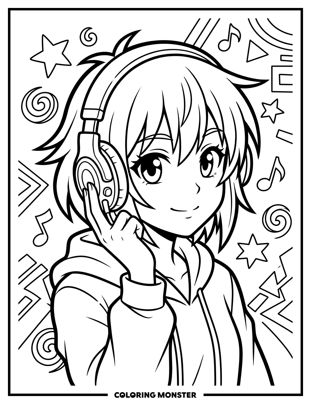Anime Girl With Headphones Coloring Page
