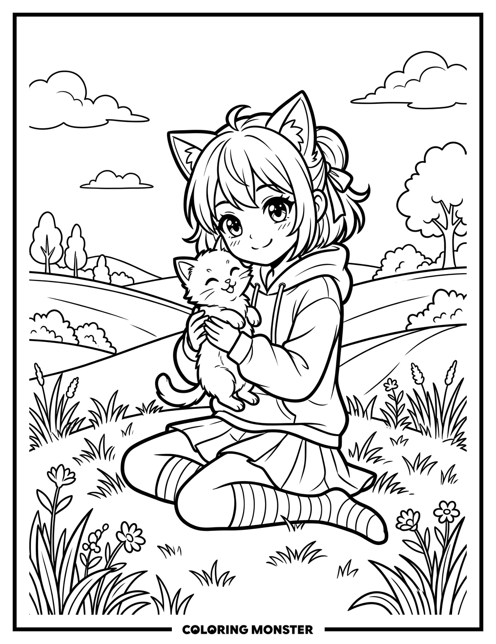 Anime Girl With Kitten On Hill Coloring Page