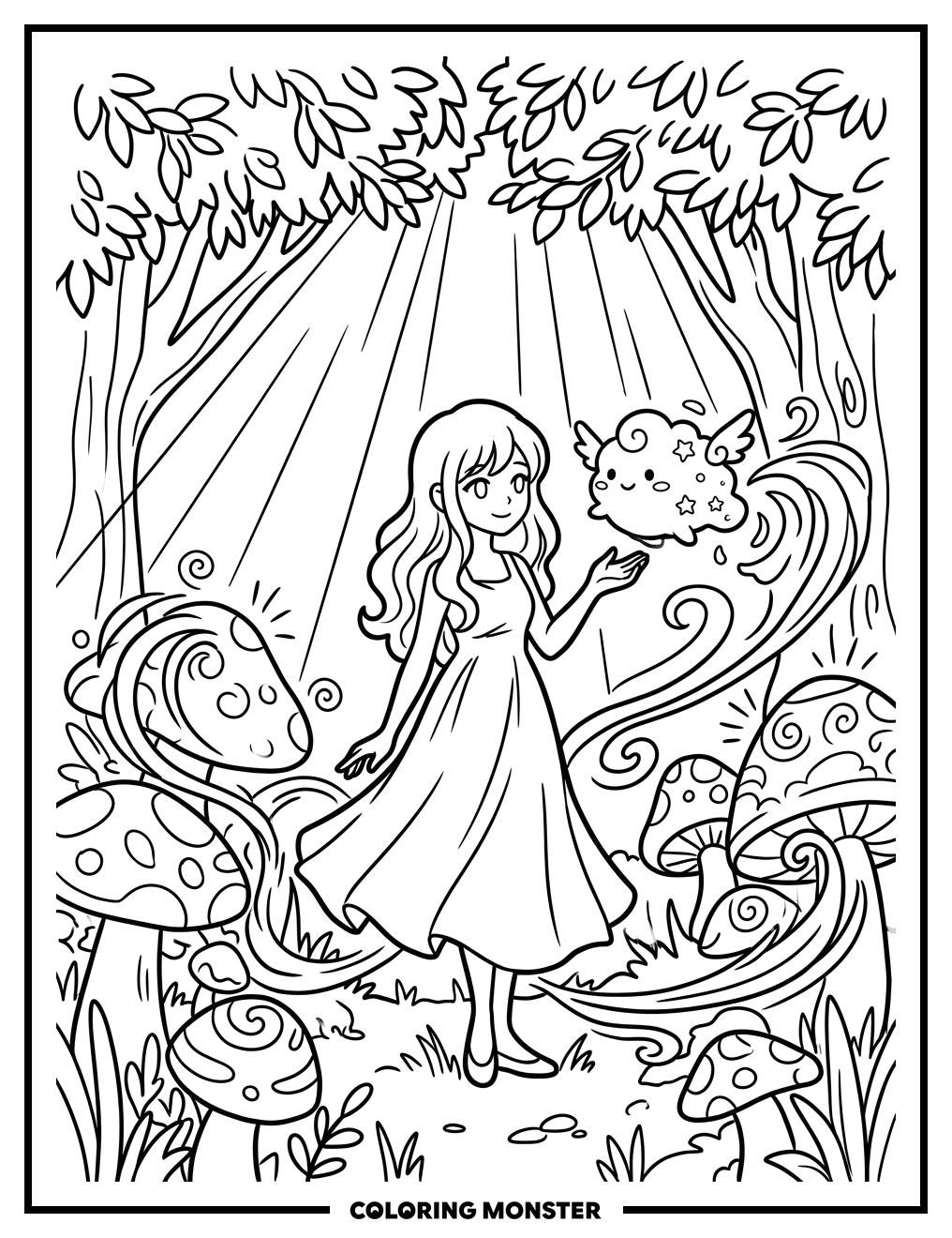 Anime Girl With Magical Creature Coloring Page