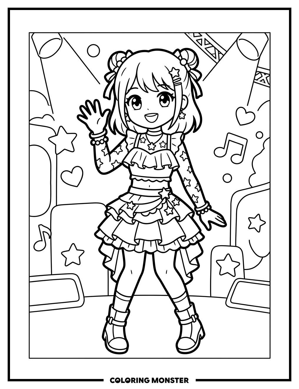 Anime K-Pop Idol Waving Coloring Page