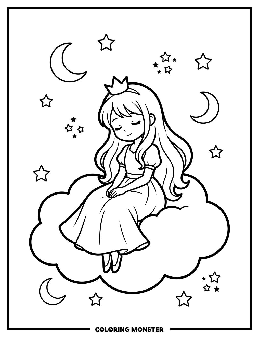 Anime Princess Dreaming on a Cloud Coloring Page