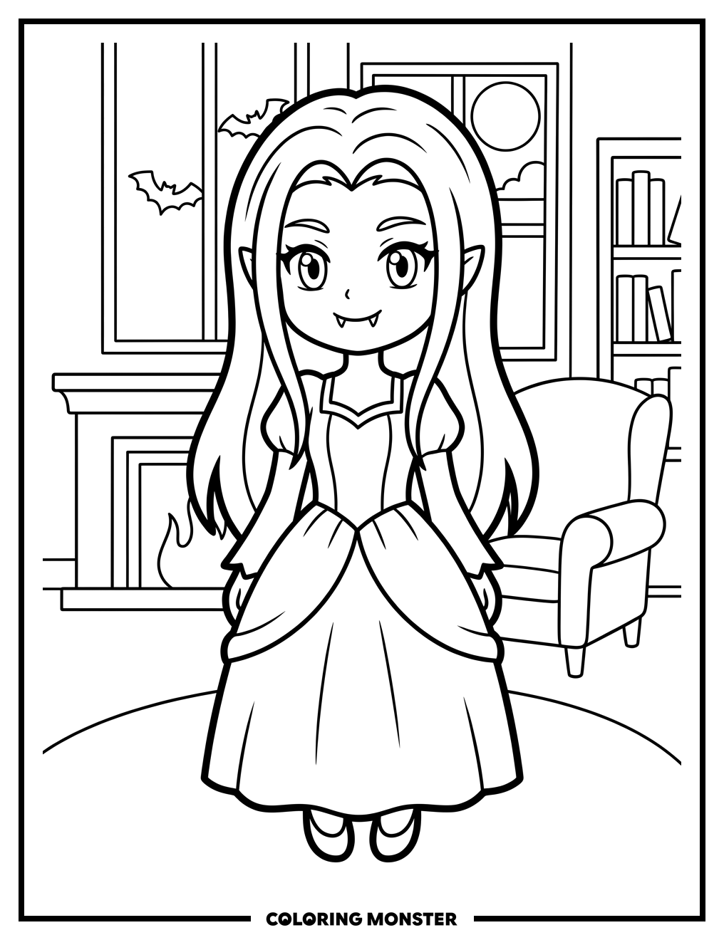 Anime Vampire Girl in Gothic Dress Coloring Page