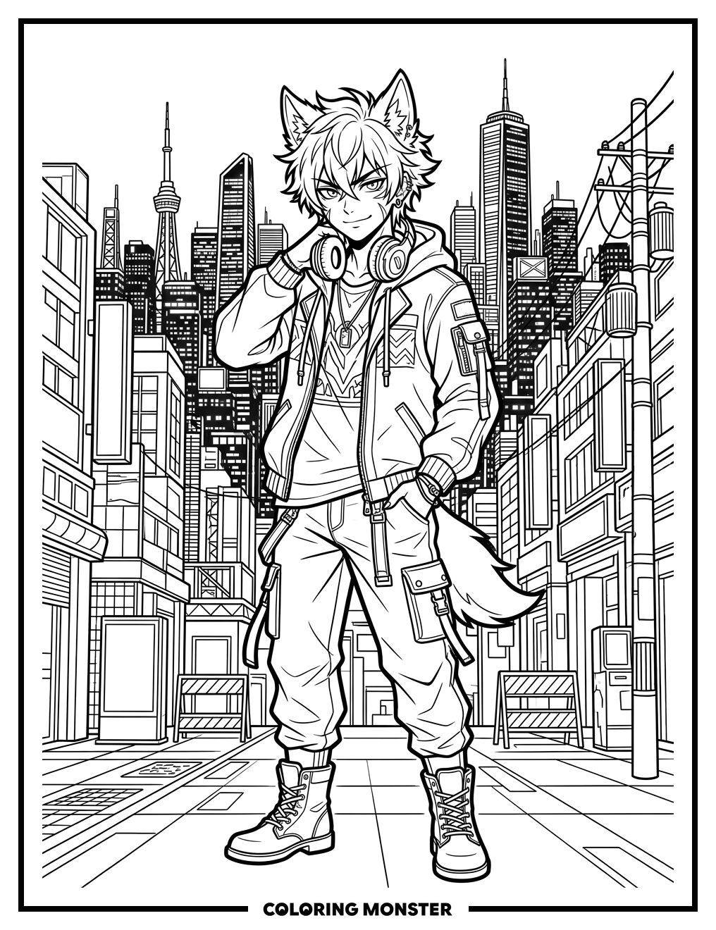 Anime Wolf Boy With Headphones Coloring Page