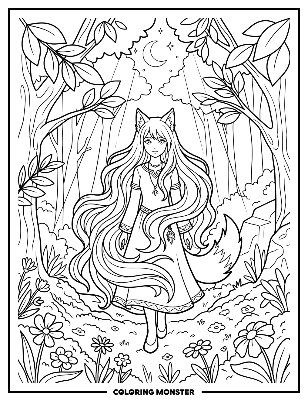 Anime Wolf Girl in Forest Clearing Coloring Page