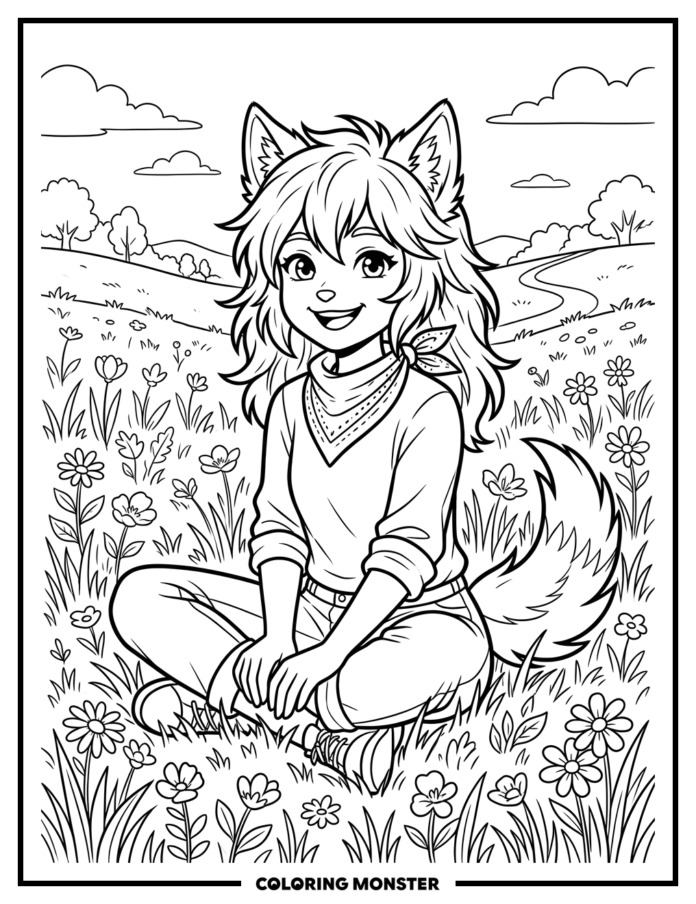 Anime Wolf Girl in Meadow Coloring Page