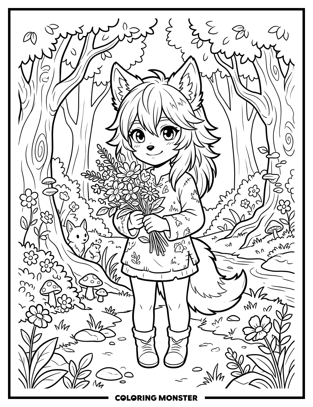 Anime Wolf Girl With Wildflowers Coloring Page
