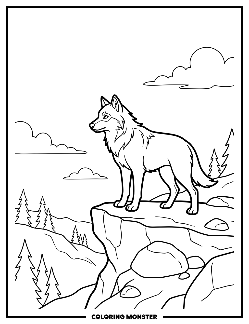 Anime Wolf on Rocky Outcrop Coloring Page