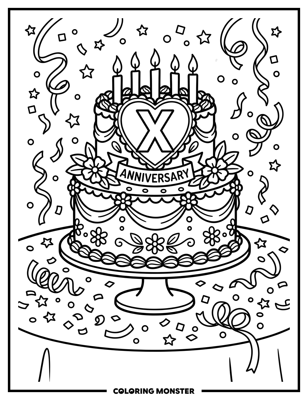 Anniversary Cake with Candles Coloring Page