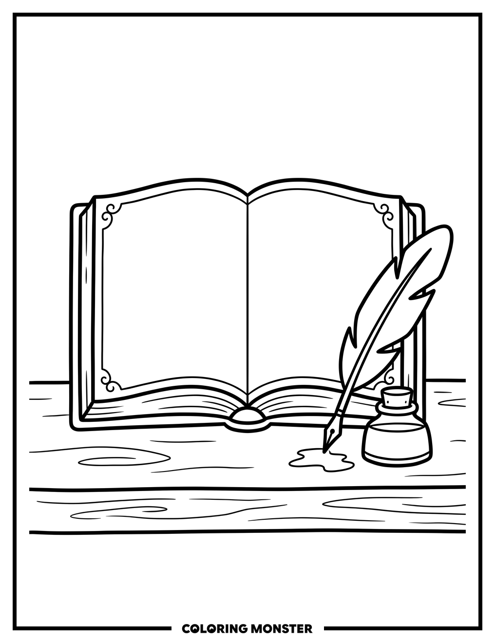 Antique Book and Quill Pen Coloring Page