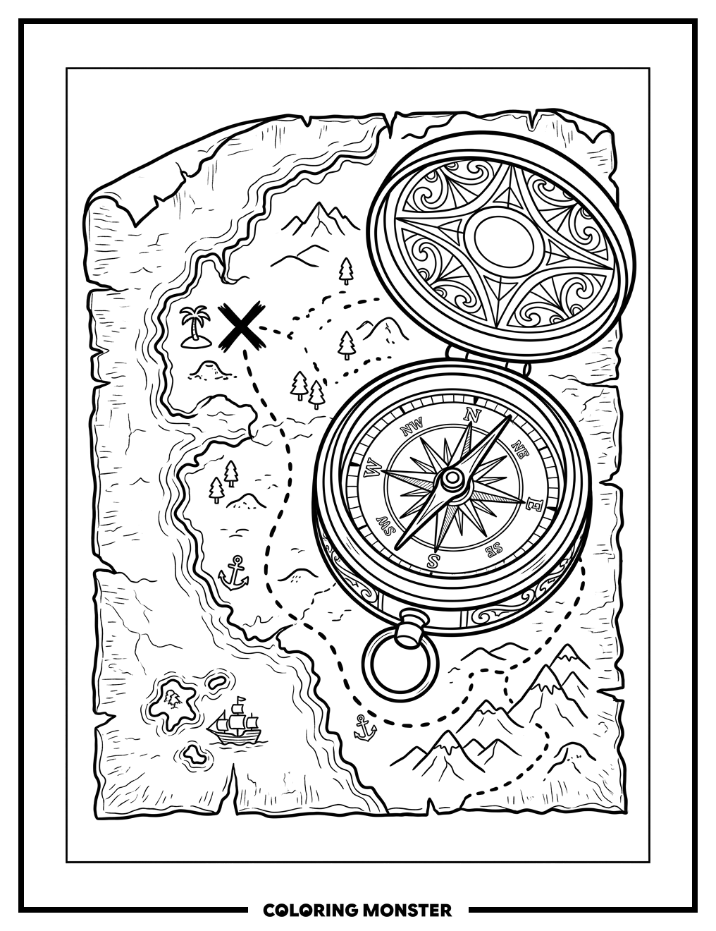 Antique Compass on Treasure Map Coloring Page