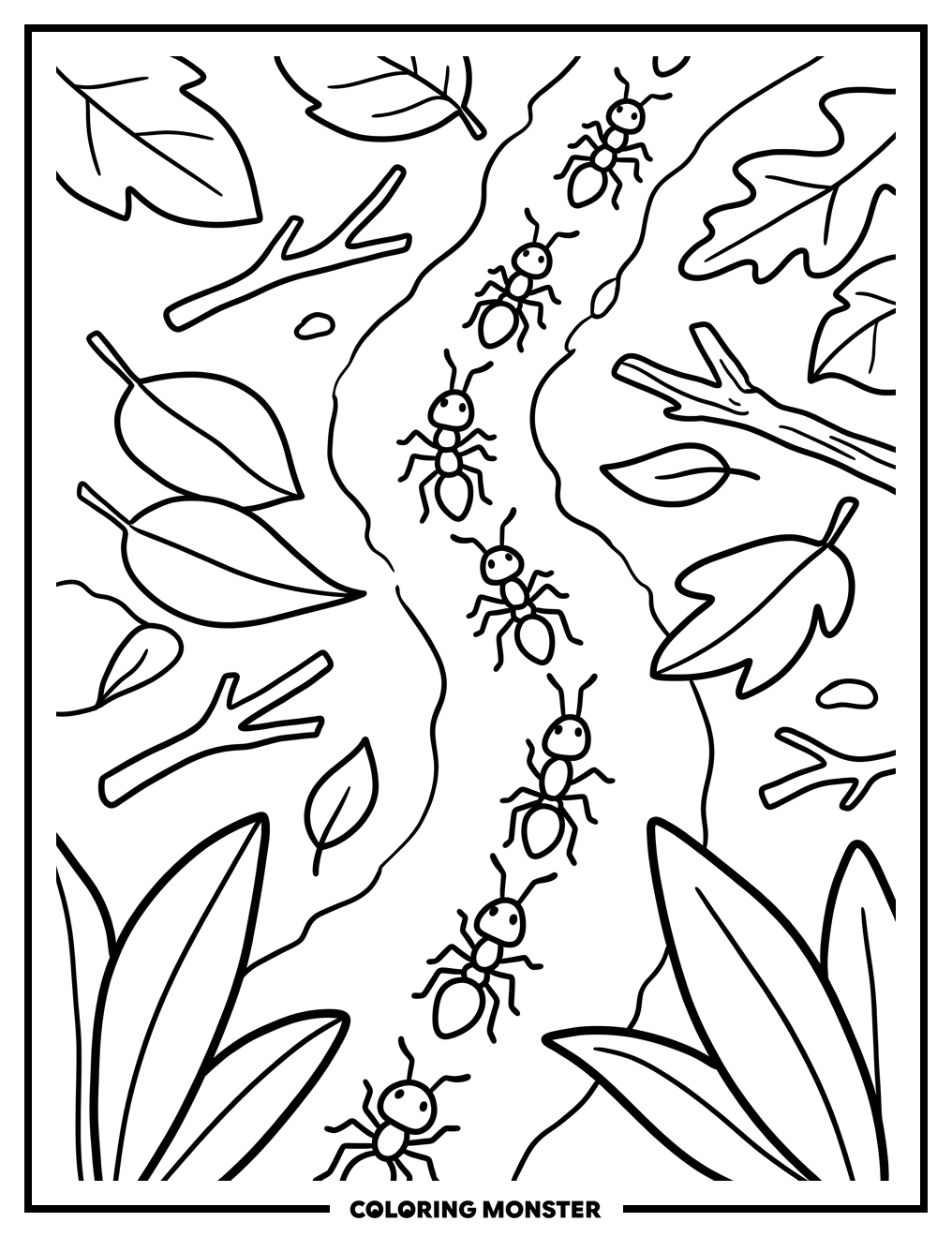 Ants Marching on Forest Floor Coloring Page