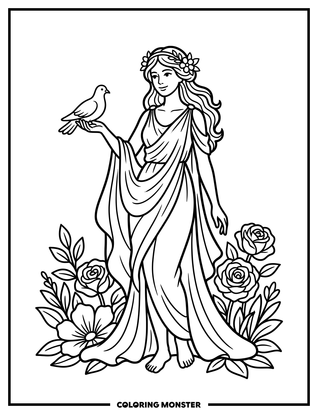 Aphrodite with Dove Coloring Page