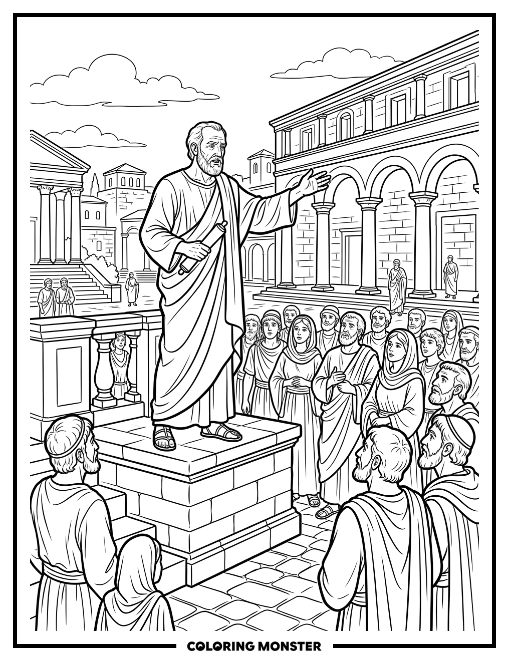 Apostle Paul Preaching in Ancient City Coloring Page