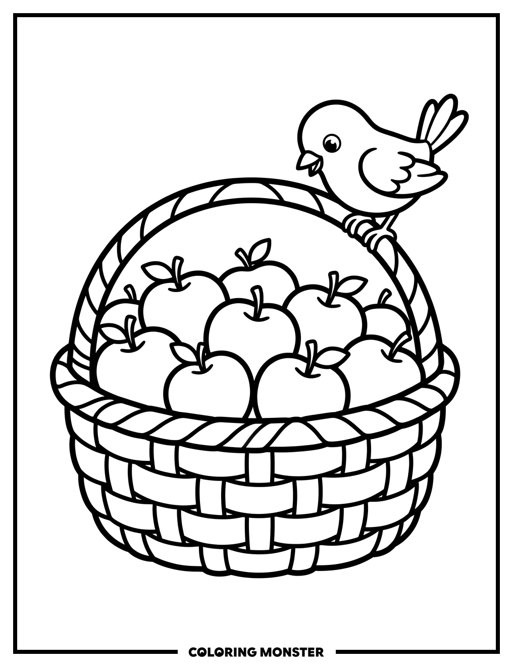 Apple Basket With Bird Coloring Page