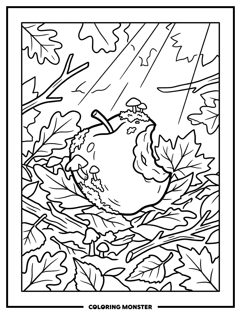 Apple on Autumn Leaves Coloring Page