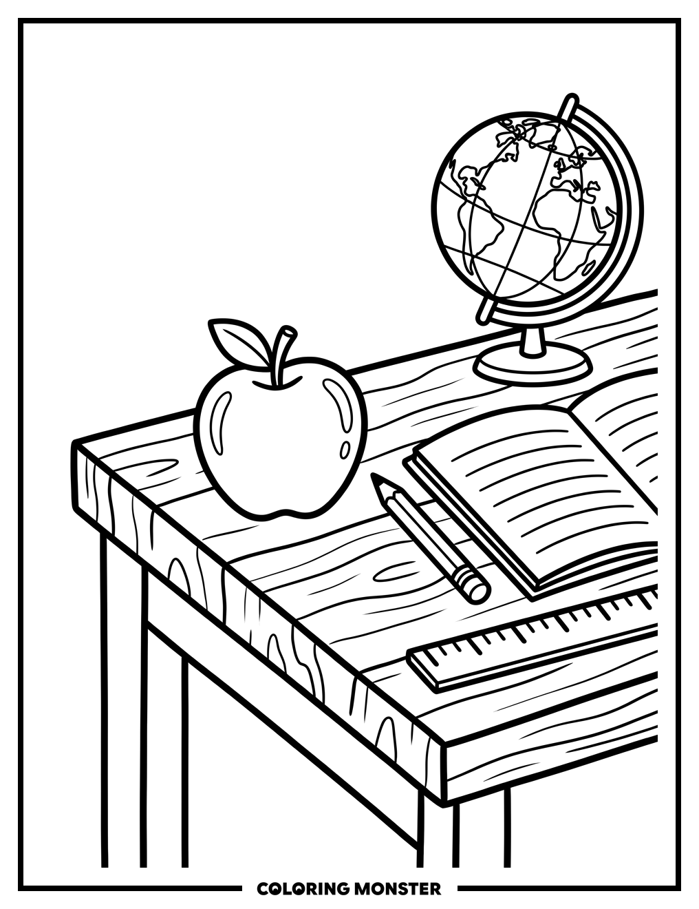 Apple, Pencil, and Notebook on Desk Coloring Page