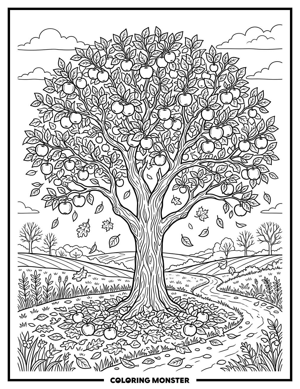 Apple Tree in Autumn Field Coloring Page