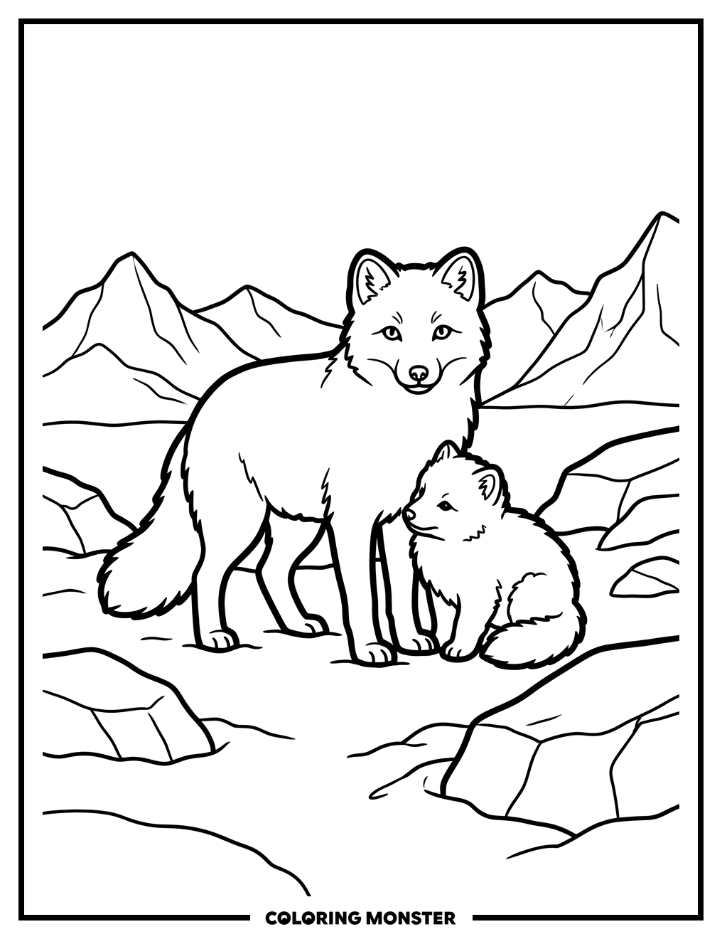 Arctic Fox Family in Winter Coloring Page