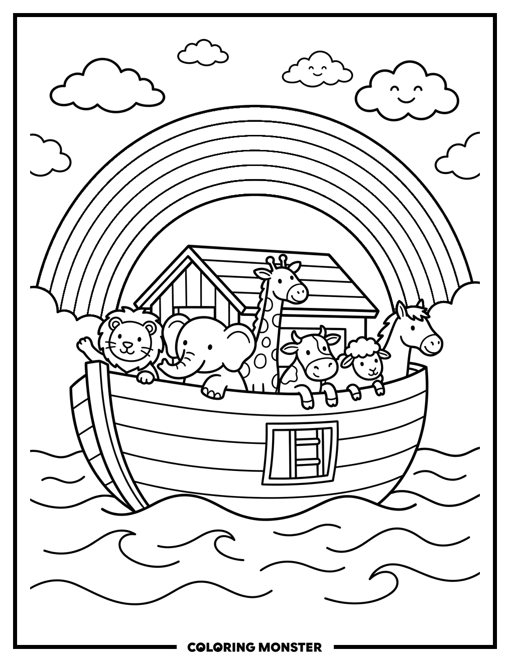 Ark with Rainbow and Animals Coloring Page