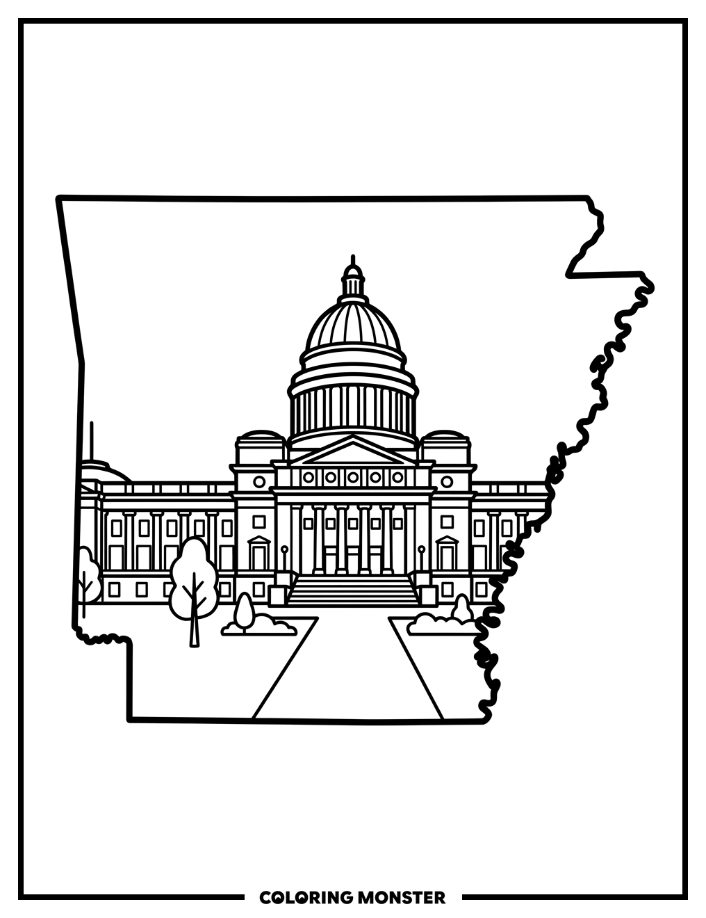 Arkansas State Capitol Within State Outline Coloring Page