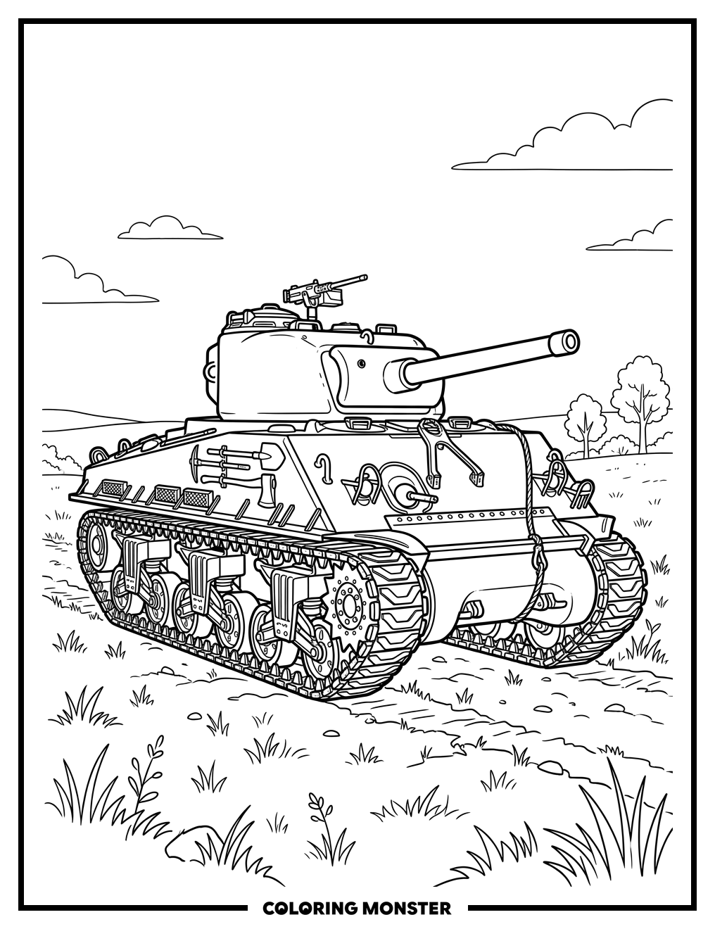 Army Tank in Grassy Field Coloring Page