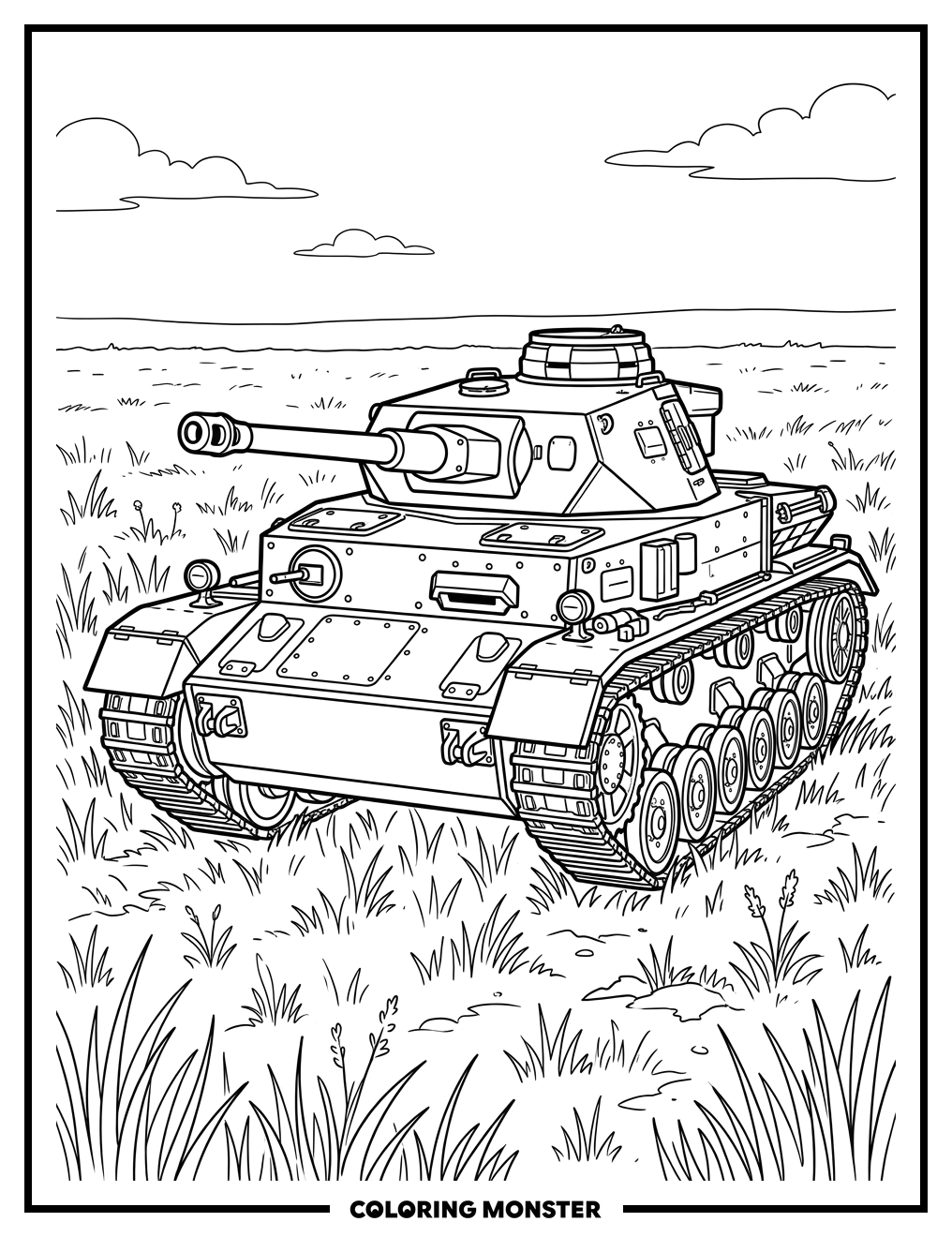Army Tank in Grassy Field Coloring Page