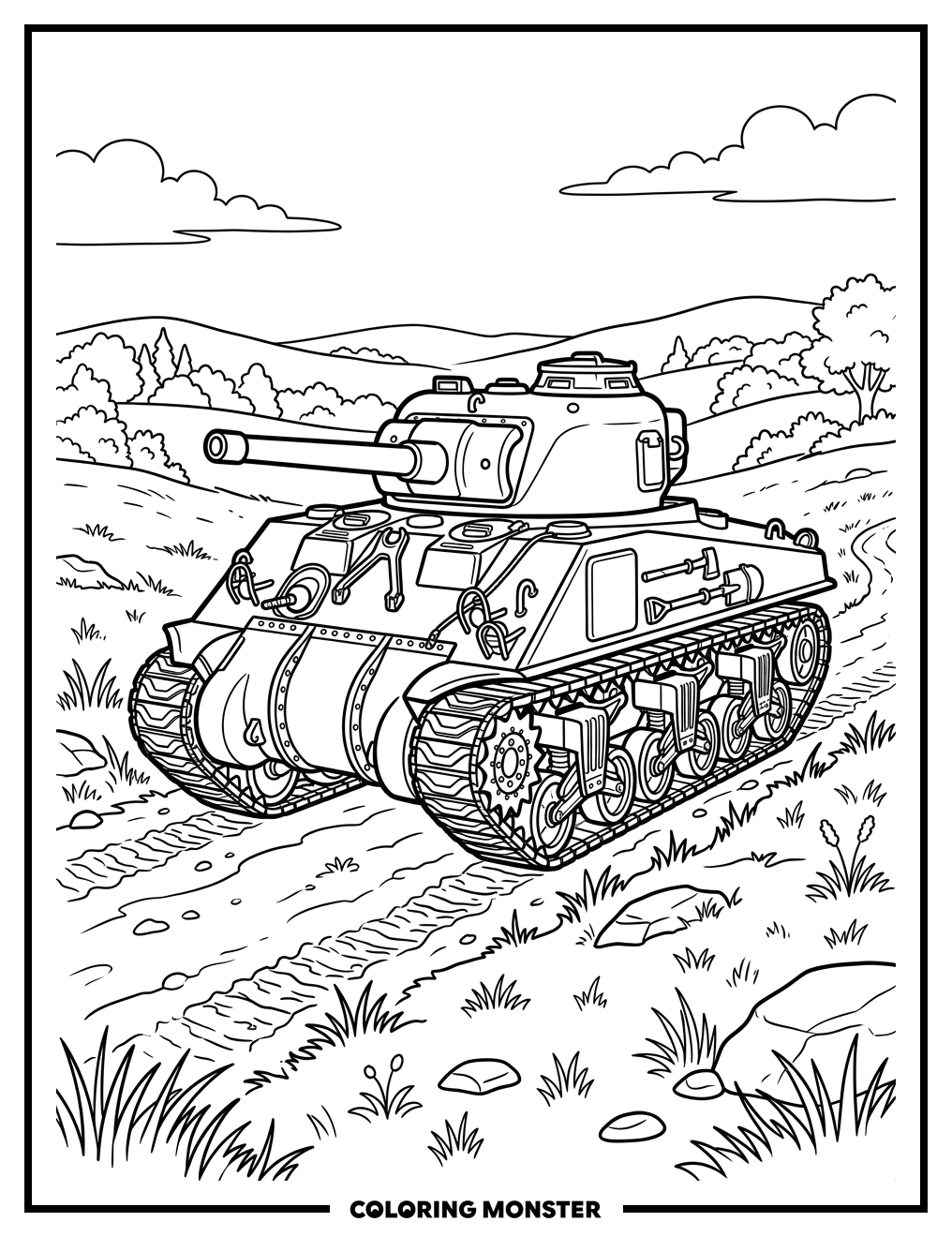 Army Tank on Grassy Field Coloring Page