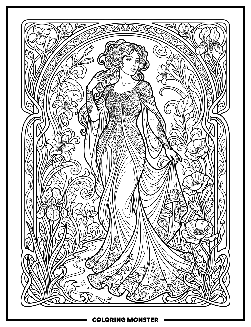 Art Nouveau Woman with Flowers Coloring Page