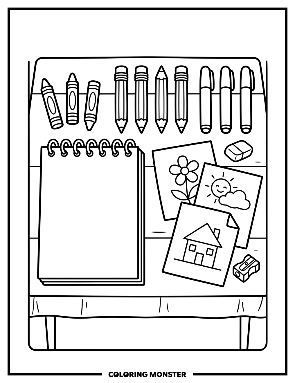 Art Supplies and Notepad Coloring Page
