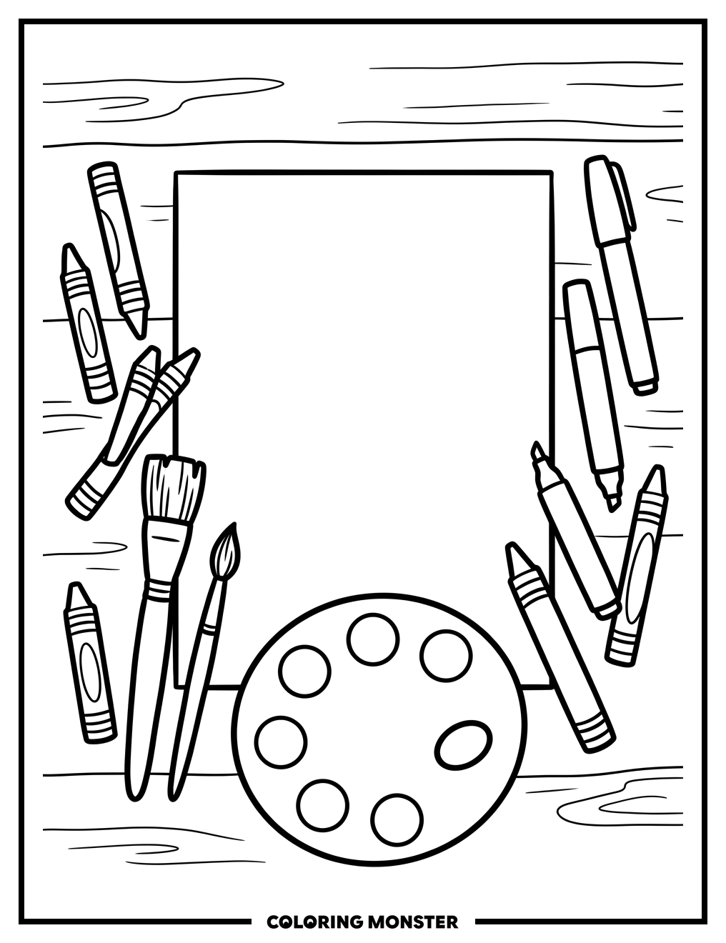 Art Supplies on a Table Coloring Page