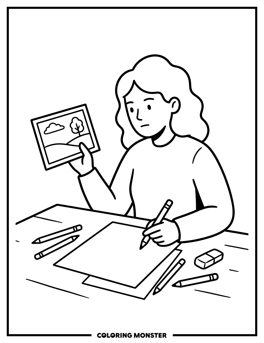 Artist Contemplates Photograph Coloring Page