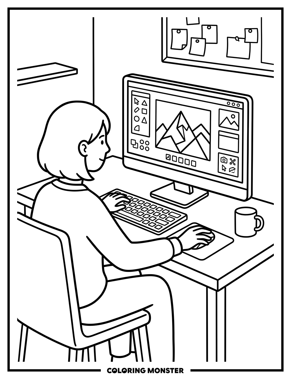 Artist Creating Digital Art At Desk Coloring Page