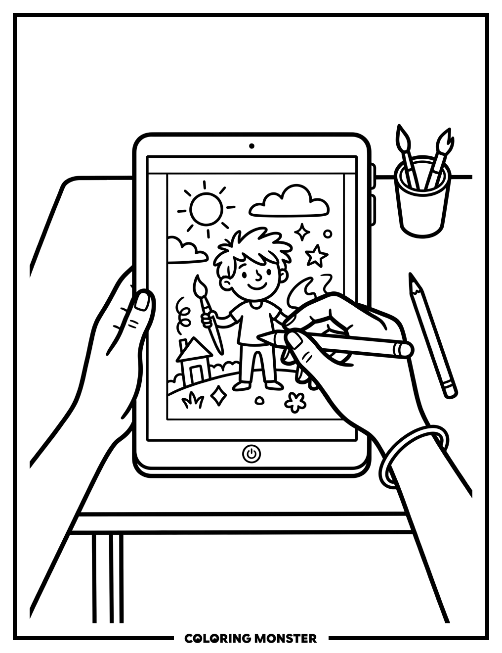Artist Drawing on Digital Tablet Coloring Page