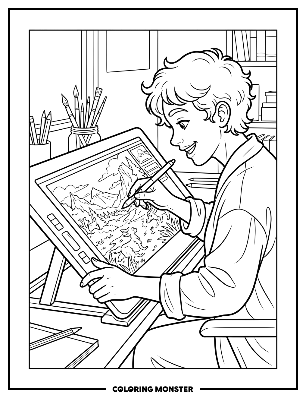 Artist Drawing on Digital Tablet Coloring Page
