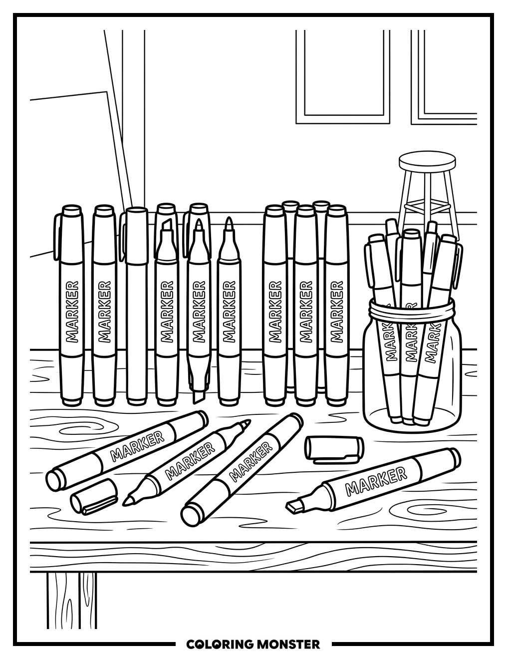 Artist Markers On A Table Coloring Page