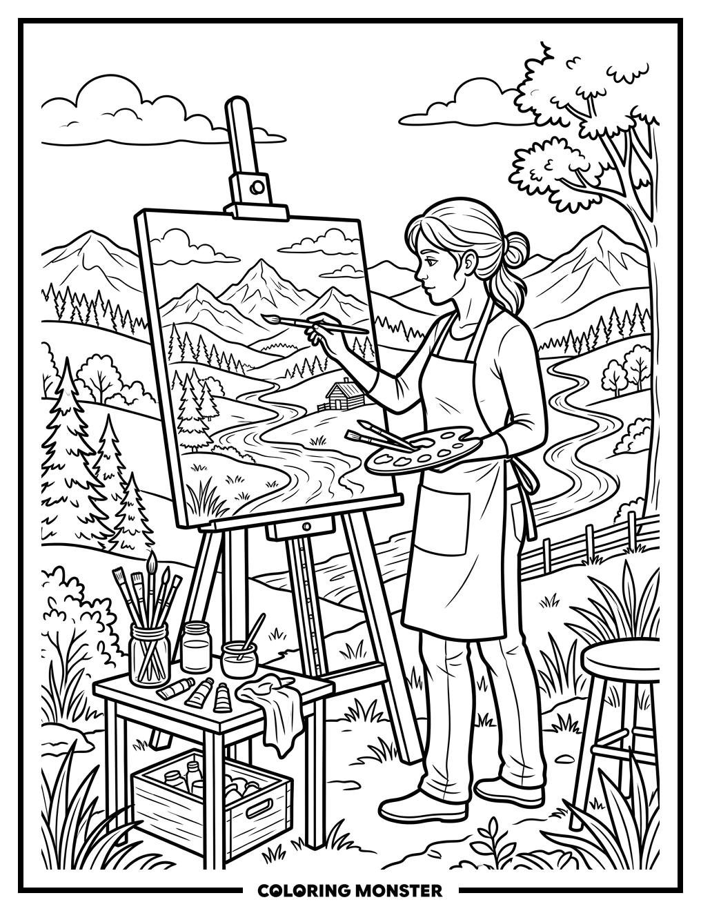 Artist Painting a Landscape Scene Coloring Page