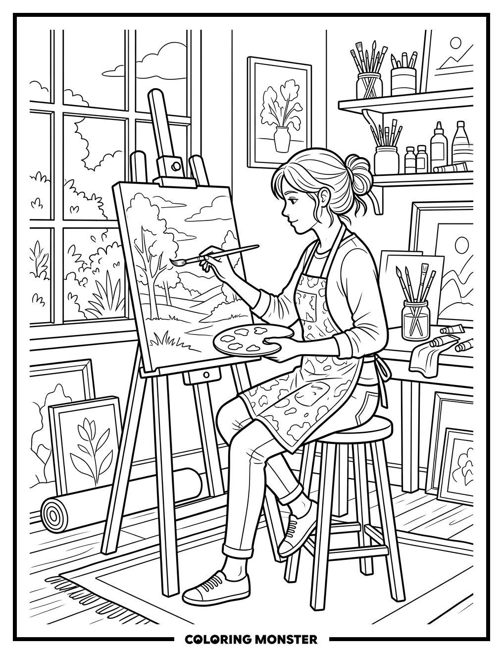 Artist Painting In Sunlit Studio Coloring Page