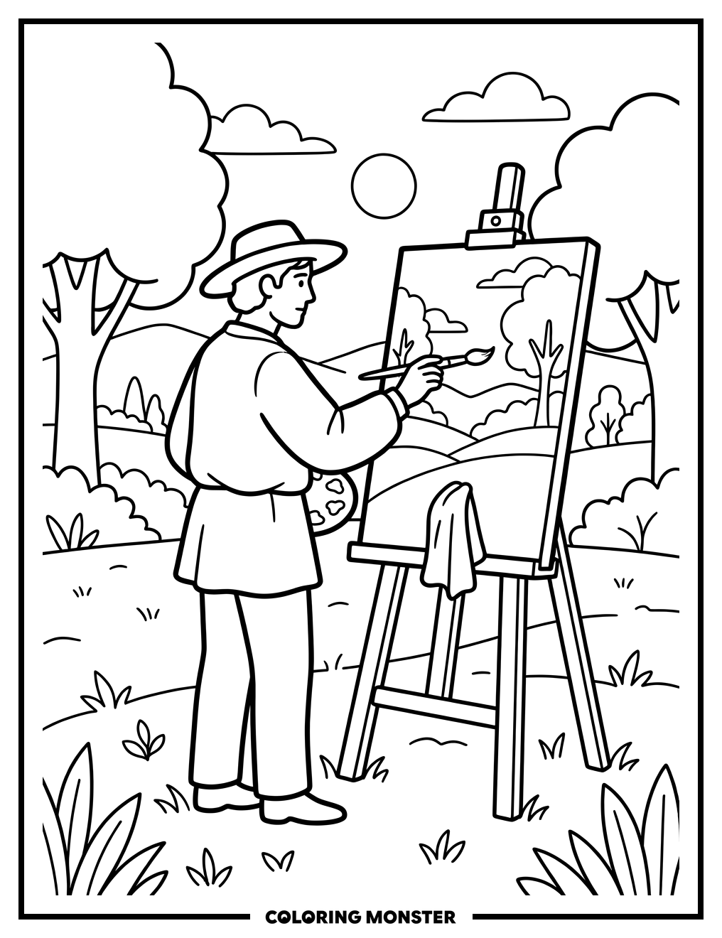Artist Painting Outdoors Coloring Page