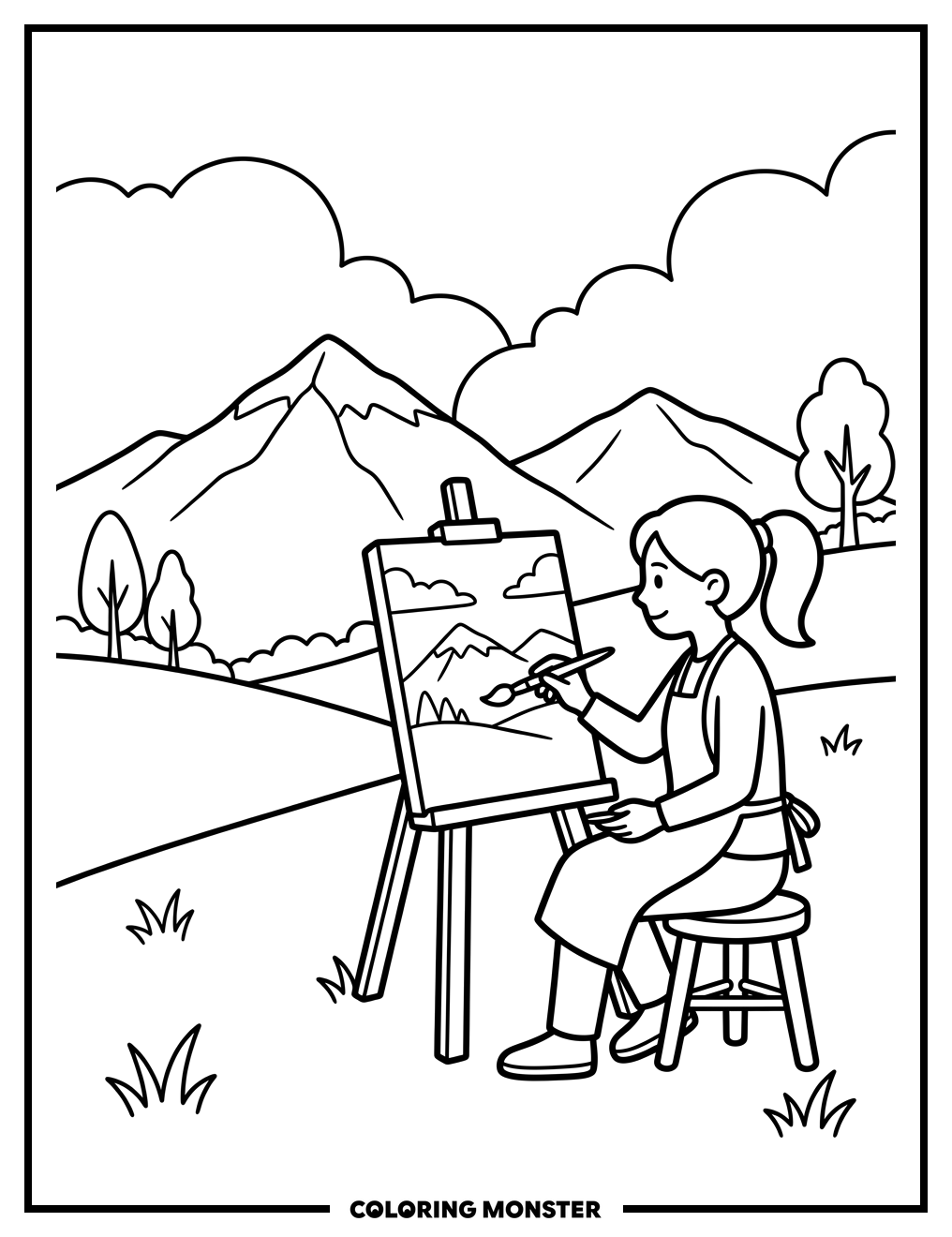 Artist Paints a Mountain Landscape Coloring Page