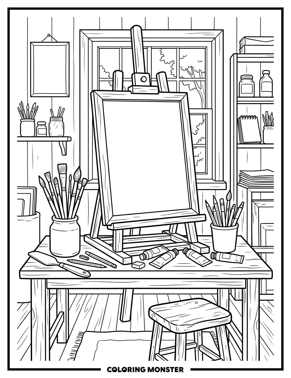 Artist's Easel With Supplies Coloring Page