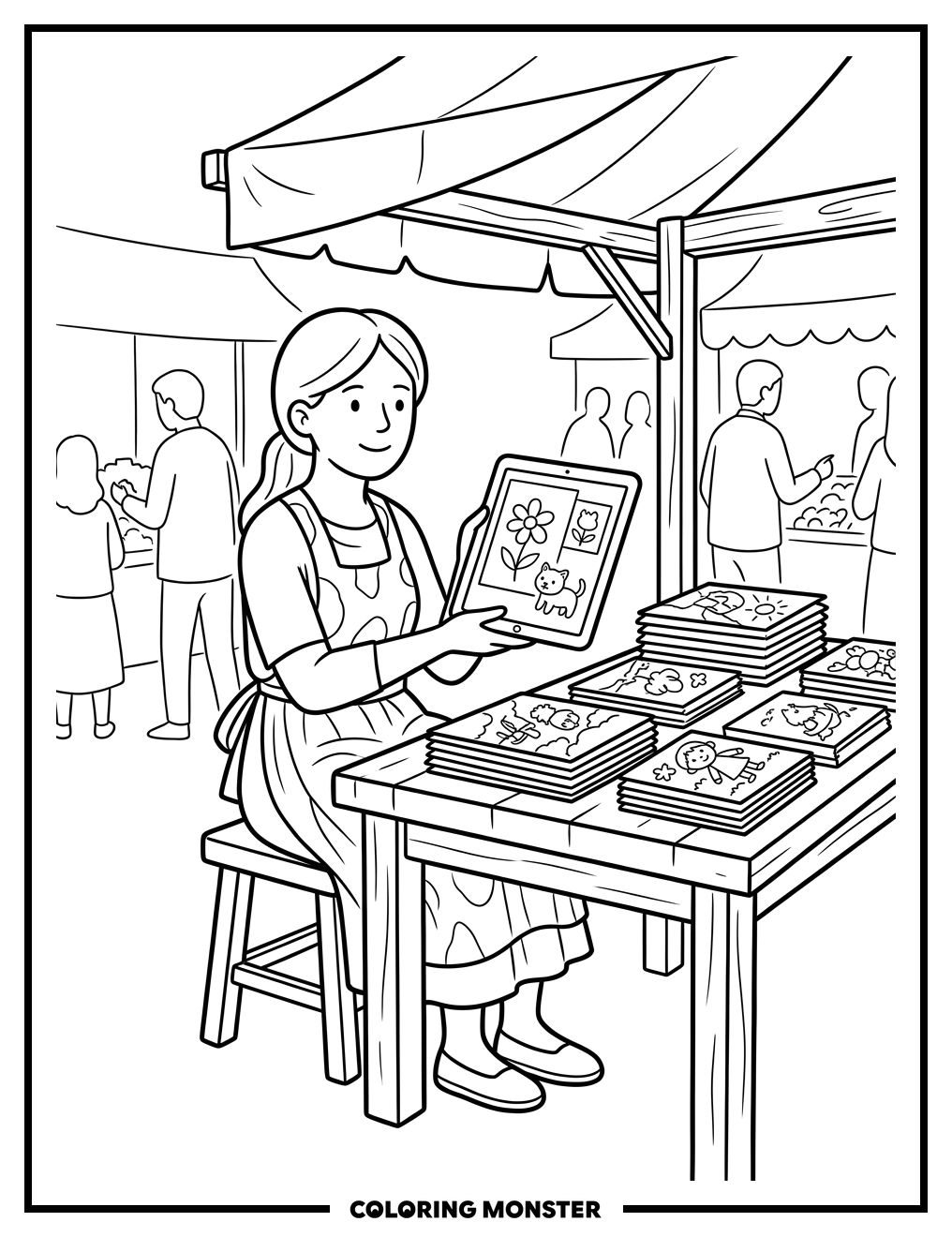 Artist Sells Drawings At Market Coloring Page