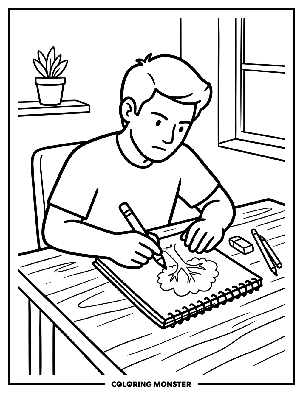 Artist Sketching a Tree Coloring Page